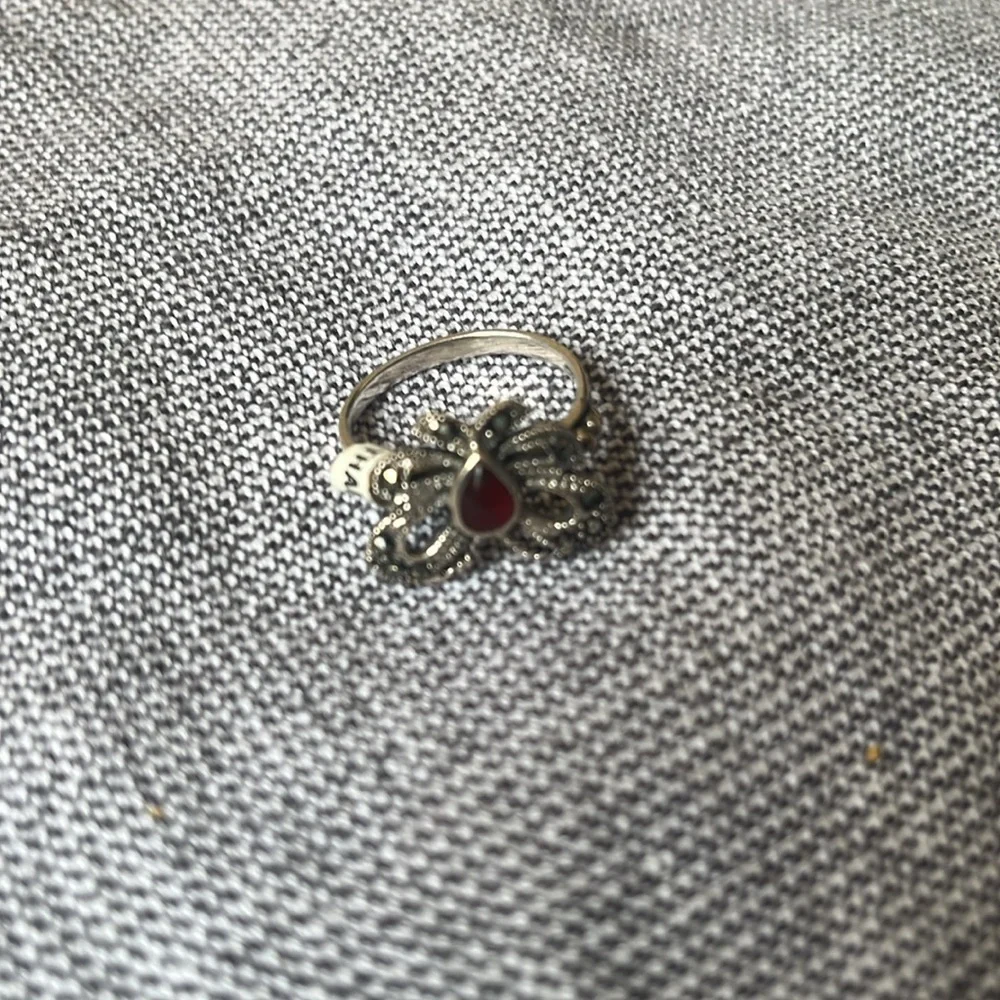 Silver butterfly‎ ring red teardrop stone​